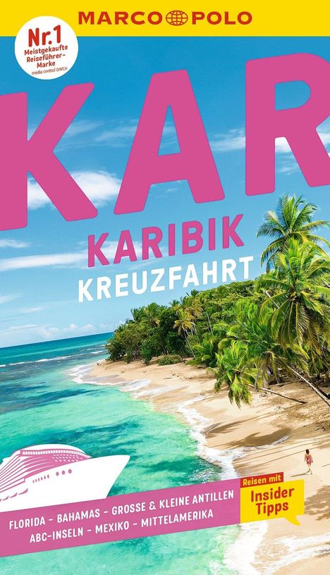 Titel "KARIBIK KREUZFAHRT". Strahlend blaues Meer, Palmenstrand. Logo oben: "MARCO POLO". Unten: Kreuzfahrtschiff-Symbol.