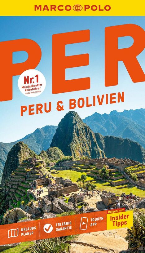 "Nr.1 Meistgekaufter Reiseführer", "PERU & BOLIVIEN", "MARCO POLO". Zeigt Machu Picchu vor blauem Himmel.