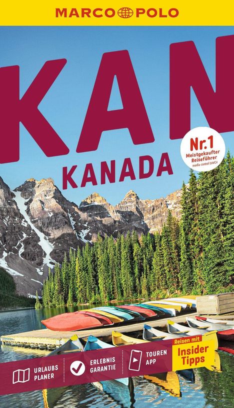 Text: "KANADA", "Nr.1 Meistgekaufter Reiseführer", "Reisen mit Insider Tipps". Seenlandschaft mit Kanus und Bergen.