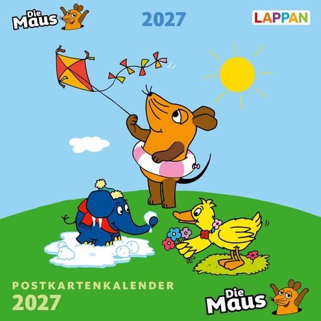 Text: "2027", "POSTKARTENKALENDER", "Die Maus", "LAPPAN". Illustration: Maus mit Drachen, Entchen mit Blumen, Elefant mit Schnee.