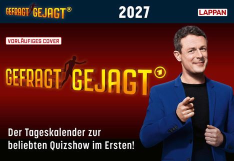 „Gefragt Gejagt“, 2027, Vorläufiges Cover. Der Tageskalender zur beliebten Quizshow im Ersten! Person zeigt nach vorne.
