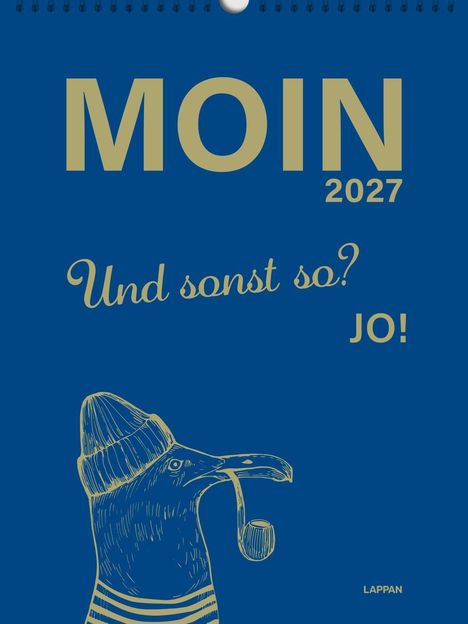 „MOIN 2027. Und sonst so? JO!“ Illustration eines Vogels mit Mütze und Pfeife.