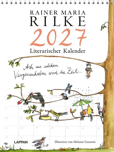 „Rainer Maria Rilke 2027 Literarischer Kalender.“ Illustration von Vögeln auf Zweigen, manche tragen Regenschirme.