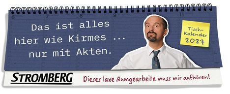„Das ist alles hier wie Kirmes ... nur mit Akten.“ Tischkalender 2027. Illustration eines Mannes im Anzug.