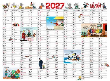 2027 Kalender mit Cartoons von Uli Stein. Oben sind Mäuse in unterschiedlichen Aktivitäten. Illustrationen zeigen humorvolle Alltagsszenen.