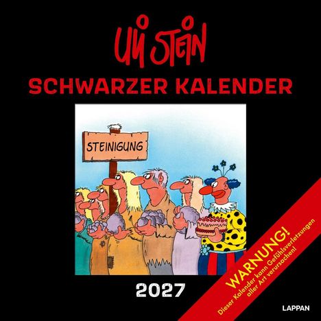 "Uli Stein Schwarzer Kalender 2027." Menschen in einer Karikatur halten Steine, ein Clown dabei, Schild "Steinigung".