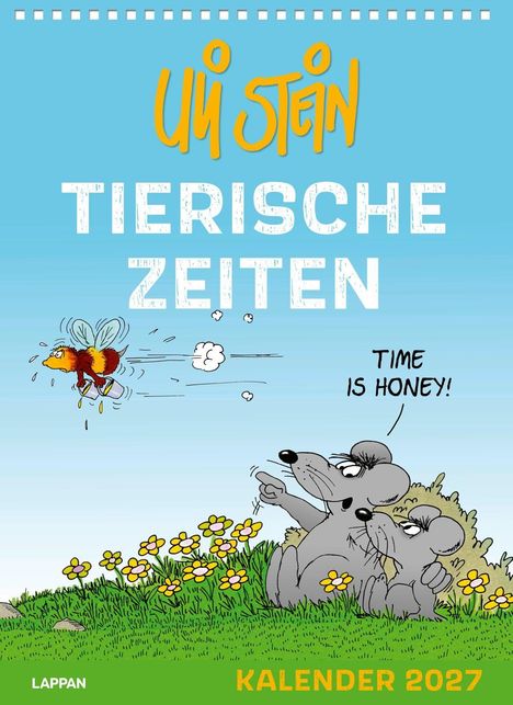 "Tierische Zeiten", "Kalender 2027". Zwei Mäuse beobachten eine fliegende Biene, eine sagt: "Time is honey!".