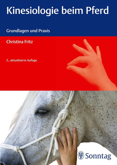 "Kinesiologie beim Pferd", Grundlagen von Christina Fritz, 2. Auflage; Hand mit Fingerzeichen, Pferd und Logo.