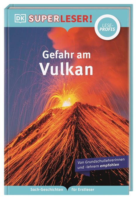 „Gefahr am Vulkan“ steht in der Mitte. Ein Vulkan spuckt Lava, umgeben von Rauch und glühenden Strömen.