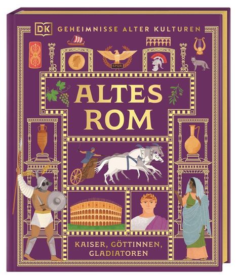 "ALTES ROM - Kaiser, Göttinnen, Gladiatoren. Verzierungen: Adler, Gladiator, Quadriga, Kolosseum, römische Figuren."