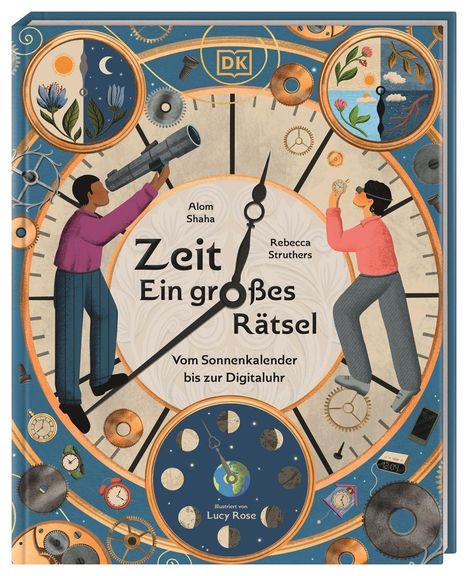 „Zeit. Ein großes Rätsel. Vom Sonnenkalender bis zur Digitaluhr.“ Zwei Figuren betrachten Uhrwerke, Pflanzen und Symbole.