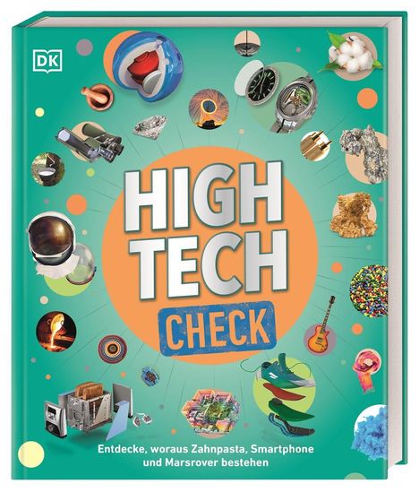 „HIGH TECH CHECK“ in großen Lettern, umliegende Objekte zeigen moderne Technologien, grün-orangefarbener Hintergrund.