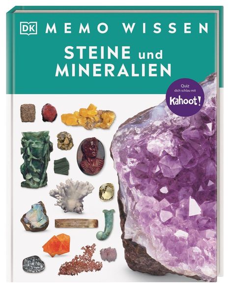 "Steine und Mineralien" oben, enthält bunte Mineralabbildungen, großer Amethyst rechts, "Kahoot!"-Sticker lila.