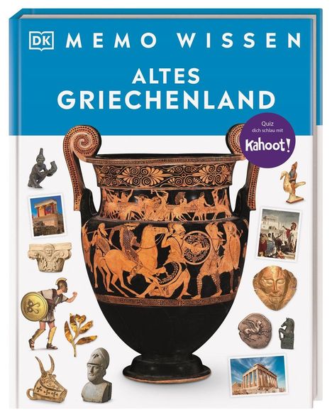 Aufschrift: "MEMO WISSEN ALTES GRIECHENLAND." Eine antike griechische Vase mit Verzierungen und umliegende Artefakte und Statuen.