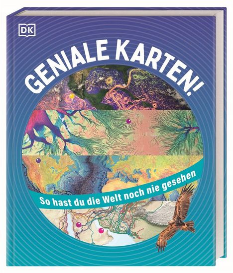 Text: "GENIALE KARTEN! So hast du die Welt noch nie gesehen." Verschiedene bunte Kartenausschnitte auf blauem Hintergrund.