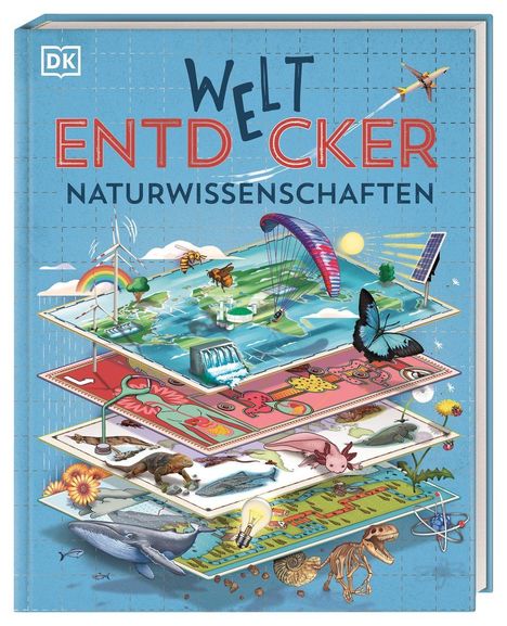 „Weltentdecker Naturwissenschaften“ steht auf einem bunten Buchcover mit Elementen aus Natur und Technik.