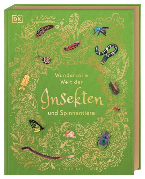 "Wundervolle Welt der Insekten und Spinnentiere" von Jess French. Grüne Gestaltung mit verschiedenen Insektenabbildungen.