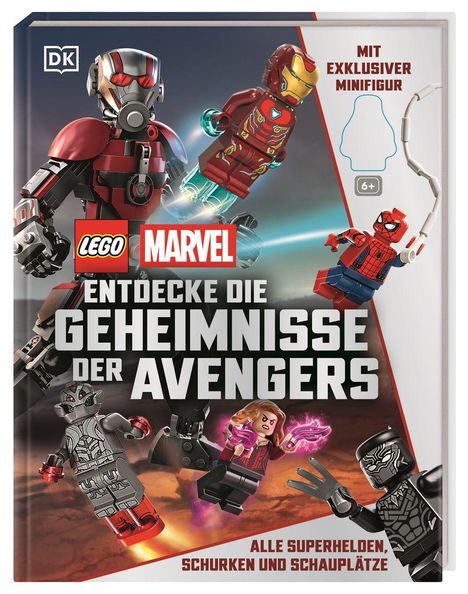 Text: "Mit exklusiver Minifigur", "Entdecke die Geheimnisse der Avengers", "Alle Superhelden, Schurken und Schauplätze". LEGO-Figuren.