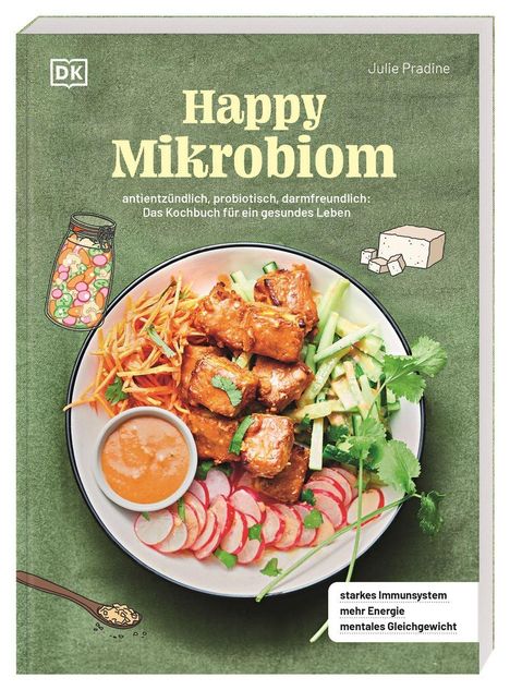"Happy Mikrobiom" ist der Titel. Ein Teller mit Gemüse und Tofu, daneben Saucenschale. Links Einmachglas, rechts Tofuwürfel.