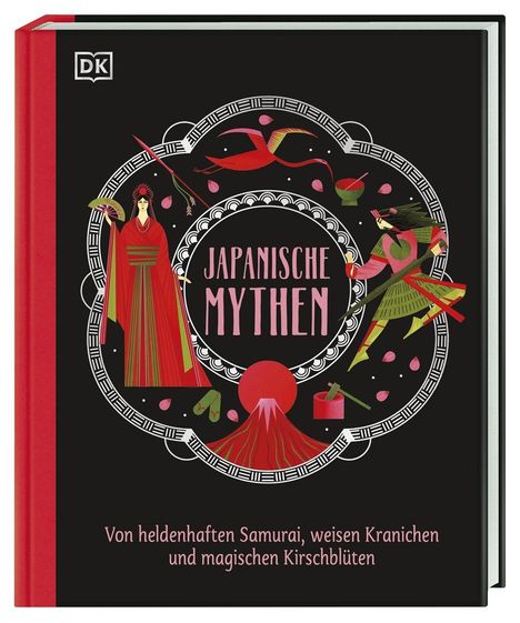 Eine Buchillustration mit „JAPANISCHE MYTHEN“ zentral. Samurai, Frau, Kraniche und Vulkan begleiten den Titel.