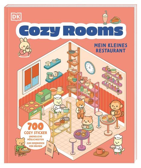 „Cozy Rooms: Mein kleines Restaurant“ zeigt putzige Tiere in einer Küche. 700 Sticker, unendliche Möglichkeiten.