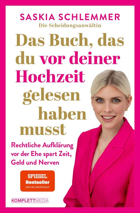 Text: "Das Buch, das du vor deiner Hochzeit gelesen haben musst". Frau in pinkem Blazer links im Bild.