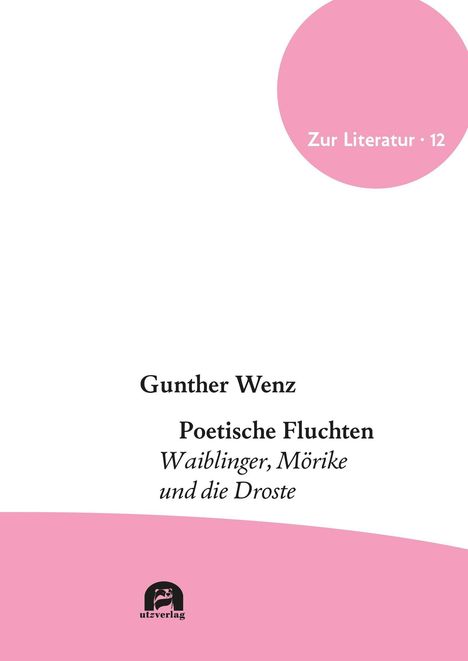 "Zur Literatur · 12", "Gunther Wenz", "Poetische Fluchten", "Waiblinger, Mörike und die Droste". Rosa Kreis und utzverlag-Logo.
