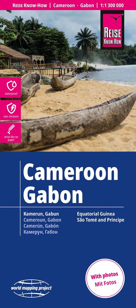 Cameroon Gabon. Waterproof, tear-resistant. Strand mit Kanus und Palmen im Hintergrund.