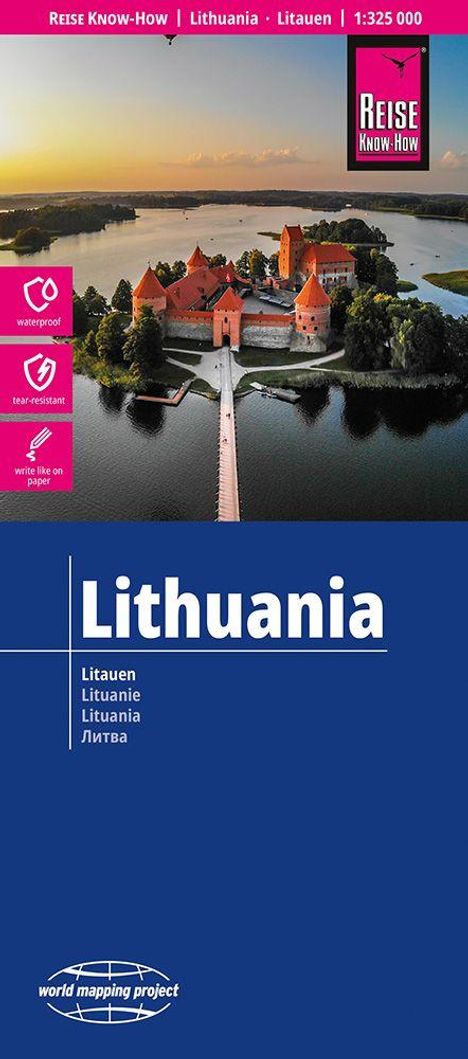 Text: "Lithuania, Litauen, Lituanie, Lituaania, Литва". Bild: Eine Burg inmitten eines Sees, umgeben von Bäumen.