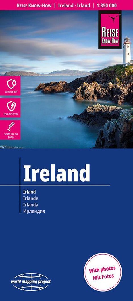 „Ireland“ und „Reise Know-How“. Küstenlandschaft mit Leuchtturm, Meer und Felsen. Hinweise: wasserdicht, reißfest.