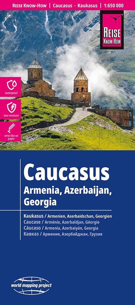 „Caucasus: Armenia, Azerbaijan, Georgia“ und Materialien: wasserdicht, reißfest, auf Papier beschreibbar. Oben Landschaft mit Kirche.