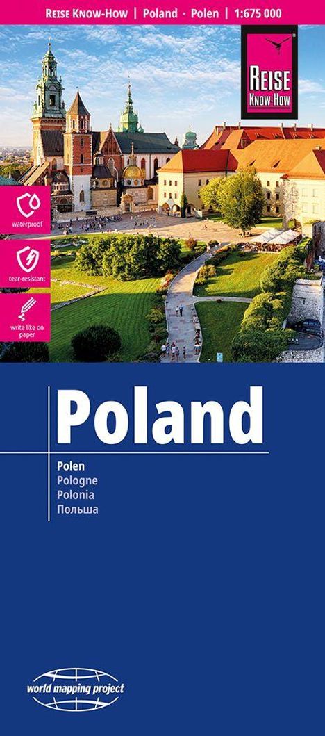 Oben: "Reise Know-How | Poland | Polen | 1:675 000". Unten "Poland" in verschiedenen Sprachen. Im Hintergrund eine Stadtansicht.