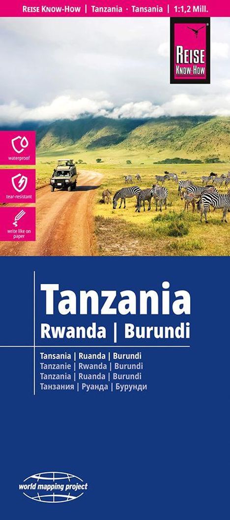 Oben: „Reise Know-How“, „Tansania“, „1:1,2 Mill.“. Unten: „Tanzania, Rwanda, Burundi“. Jeep und Zebras auf einer Savanne.