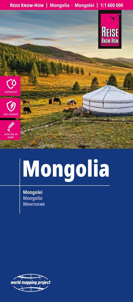 Titel: Mongolia. Merkmale: wasserdicht, reißfest, beschreibbar. Bild: Landschaft mit Jurte, grasende Tiere, Wald und Hügel.
