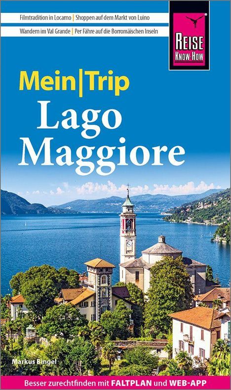 „Mein Trip Lago Maggiore“ steht über einer malerischen Seelandschaft mit Kirchturm und Bergen im Hintergrund.