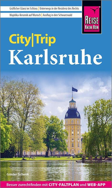 "City|Trip Karlsruhe" in gelb-weißer Schrift auf blauem Hintergrund. Im Vordergrund ein Schloss und grüner Park.