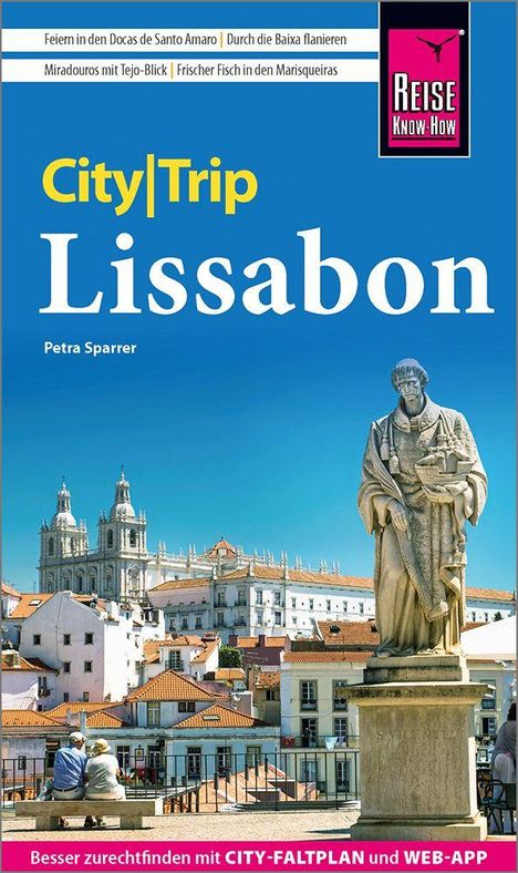 Titel: "City|Trip Lissabon", Autor: Petra Sparrer. Unten: Sitzen zwei Personen vor einer Statue mit Stadtpanorama.