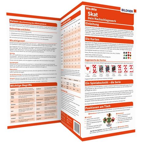 Faltbares Infoblatt mit detaillierten Texten zu Skat-Regeln, Kartenwerten und Spielpositionen; orange und weiß gestaltet.