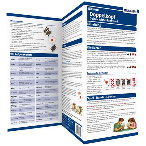 Zweifache Broschüre für Doppelkopf-Regeln: Einleitung, Kartenwerte, wichtige Begriffe, Spielrunden; Illustrationen enthalten.
