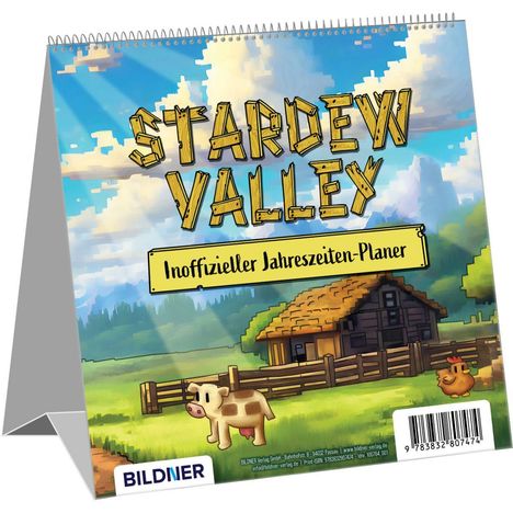 "Stardew Valley - Inoffizieller Jahreszeiten-Planer" mit einer Illustration eines Bauernhofs, einer Kuh und einem Huhn.
