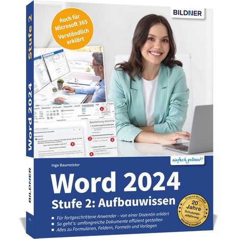 "Word 2024 Stufe 2: Aufbauwissen" Buchcover, Frau mit Laptop, Text: "Auch für Microsoft 365 verständlich erklärt".