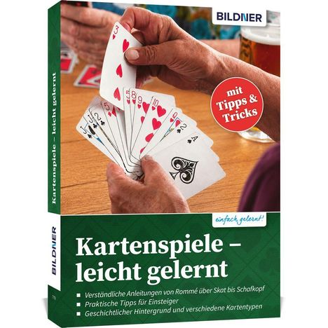 "Kartenspiele – leicht gelernt" Buchcover mit Spielkarten in Händen, darunter "mit Tipps & Tricks" auf rotem Kreis.