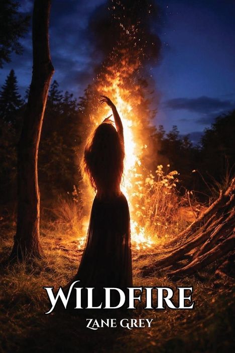 „WILDFIRE“ und „ZANE GREY“. Eine Frau steht mit erhobenen Armen vor einem großen lodernden Feuer im Wald.