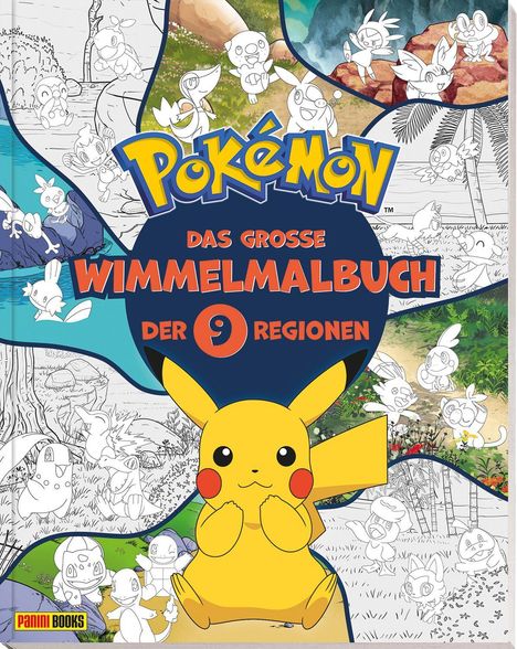 „POKÉMON DAS GROSSE WIMMELMALBUCH DER 9 REGIONEN“ in bunten Buchstaben. Pikachu ist zentral abgebildet.