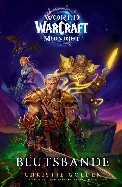 "Blutsbande" und "World of Warcraft: Midnight" sind Haupttexte; drei Fantasy-Charaktere in Rüstung, epische Szene.