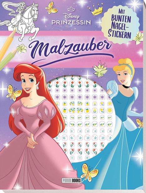 Titel: "Prinzessin Malzauber". Slogan: "Mit bunten Nagelstickern". Zeichnung mit zwei Prinzessinnen und bunten Motiven.