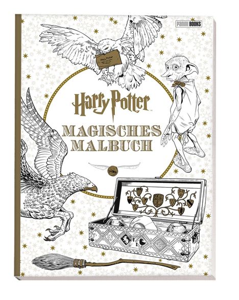"Harry Potter Magisches Malbuch" steht in der Mitte. Illustration mit Eule, Hauself, Greif, Koffer und Besen auf sternenbesetztem Hintergrund.