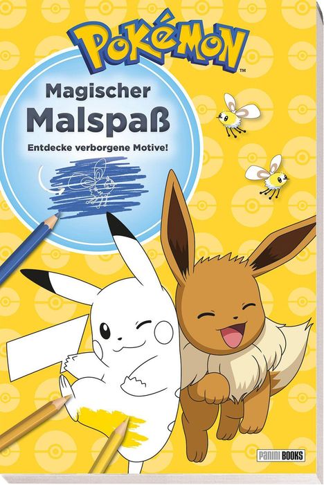 "Magischer Malspaß: Entdecke verborgene Motive!" Pikachu und Evoli auf gelbem Hintergrund mit Stiften und Mustern.