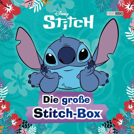Text: „Die große Stitch-Box“. Illustration von Stitch, umgeben von bunten Blumen und Blättern auf türkisfarbenem Hintergrund.
