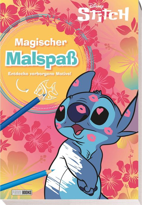 Magischer Malspaß: Entdecke verborgene Motive! Ein Cartoon-Charakter umgeben von floralen Mustern und Buntstiften.